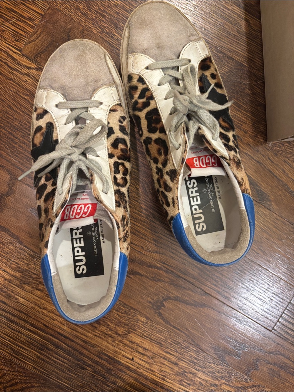 Golden Goose Leopard Print Sneakers with Blue Heel